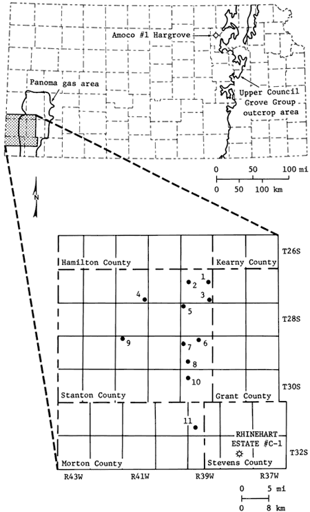 Study area in far southwest of Kansas; cored wells mostly in Stanton Co. with one in Morton Co.