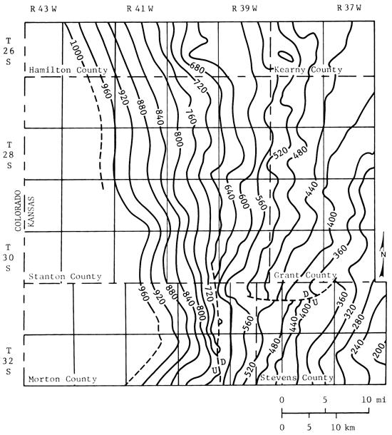 Structure at 960 feet in central Stanton and Morton counties; drops to 360 in Stevens and Grant; small fault on Grant-Stevens border.