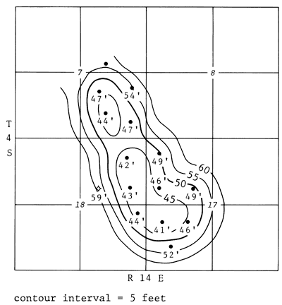 Contour map of Lower Simpson; thickness of 45 feet in southern part of study area, rising to 60 feet.