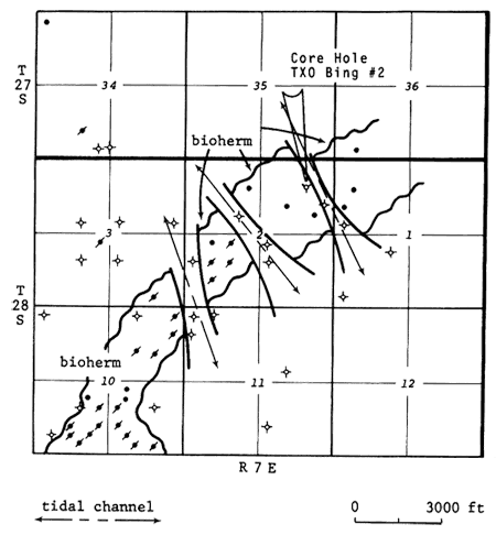 Productive wells in bioherm; tidal channels cut bioherm and are locations of dry holes.