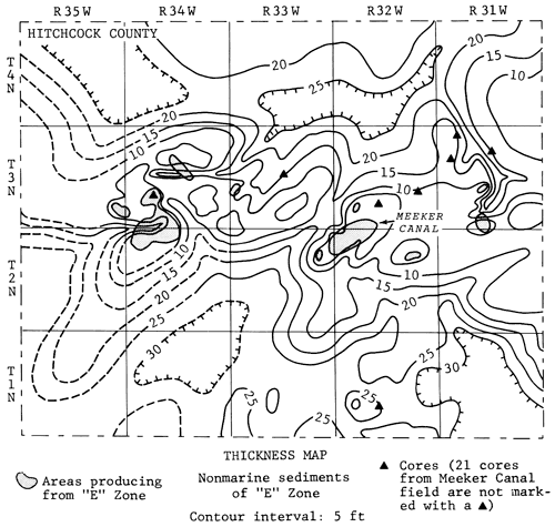 Sediments 10 feet thick in area of Meeker Canal field, thicken to 30 feet to SW and SE; as thick as 20 in north.
