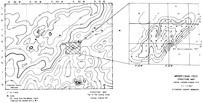 Lansing structure at -960 feet at edge of Meeker Canal field, rises to -935 in center of field by Williamson B 1 well.