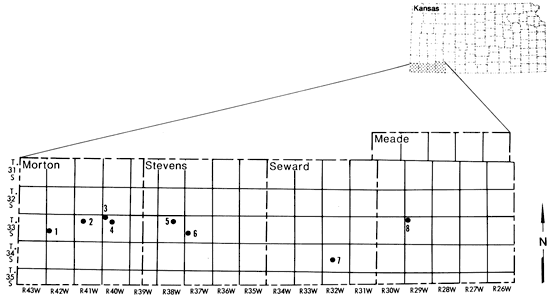 Cores in study from SW Kansas; four from Morton, two from Stevens, one from Seward, and one from Meade.