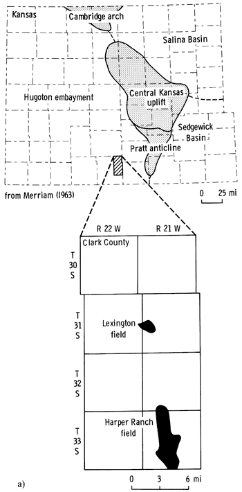 Lexington field in eastern Clark Co., south-central Kansas, west of Pratt anticline.