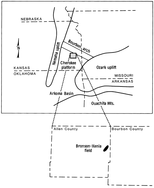 Bronson-Xenia field in Cherokee platform, south of Bourbon arch and between Nemaha uplift and Ozark uplift.