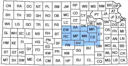 Study area in central Kansas between Ellsworth Co. to SW Wabaunsee Co., south to NW Greenwood Co., and west to Reno Co.