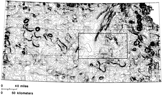 Aeromagnetic map of Kansas with area of study outlined.