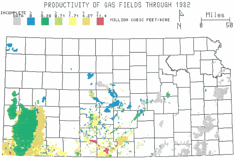 Kansas map; higher productivities in far south-central; lowest in Central Kansas uplift.