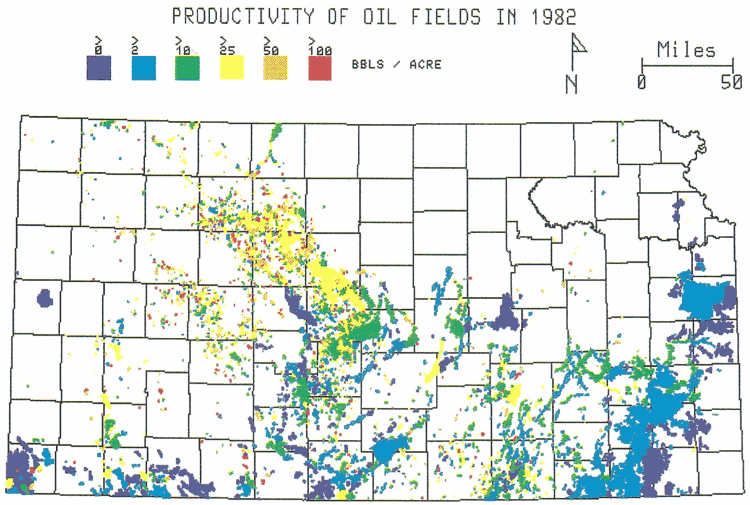 Kansas map; higher productivities in many area, but fields are small; low productivities in eastern and southwest Kansas.