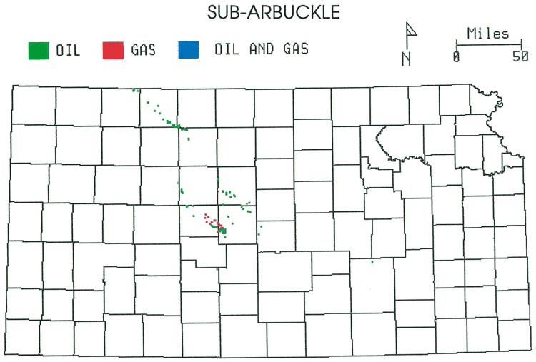Kansas map; Small oil fields located along Central Kansas uplift; a few small gas areas at southern end of trend.
