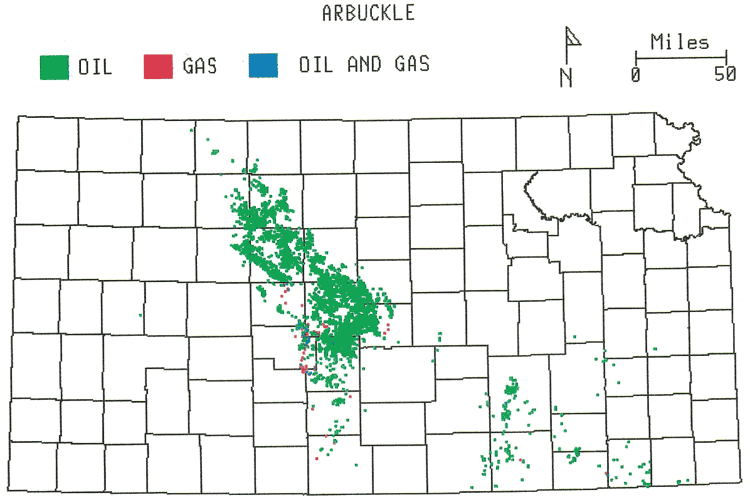 Kansas map; majority of fields are oil fields in Centeral Kansas uplift; some oil stretches to southeastern Kansas.