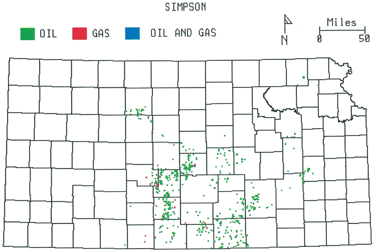 Kansas map; majority of fields are oil fields in south-central Kansas; some gas on western side of this area.