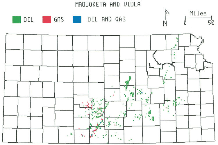 Kansas map; majority of fields are oil fields stretching from south-central  to northeast Kansas; some gas on western side of the south-central area.