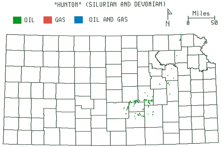 Kansas map; oil fields stretching from southeast-central  to northeast Kansas.