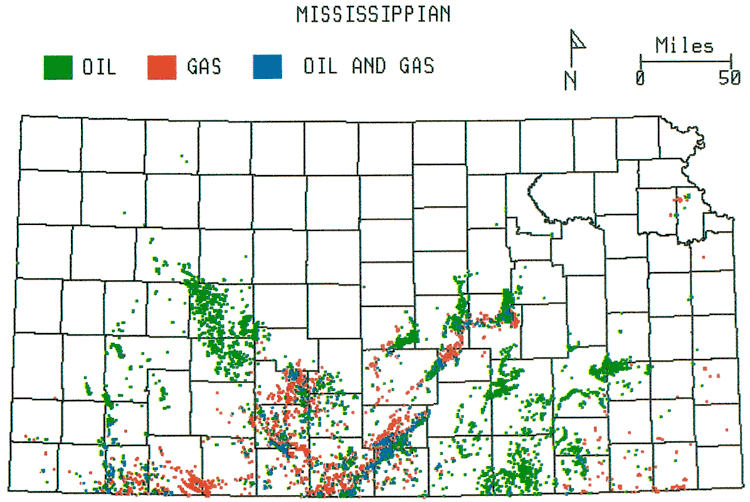 Kansas map; oil and gas fields scattered throughout southern Kansas.