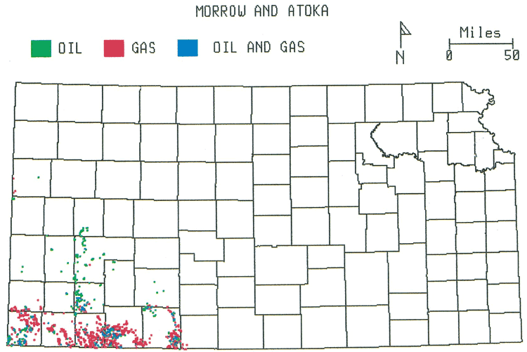 Kansas map; primarily gas fields in far southwest Kansas.