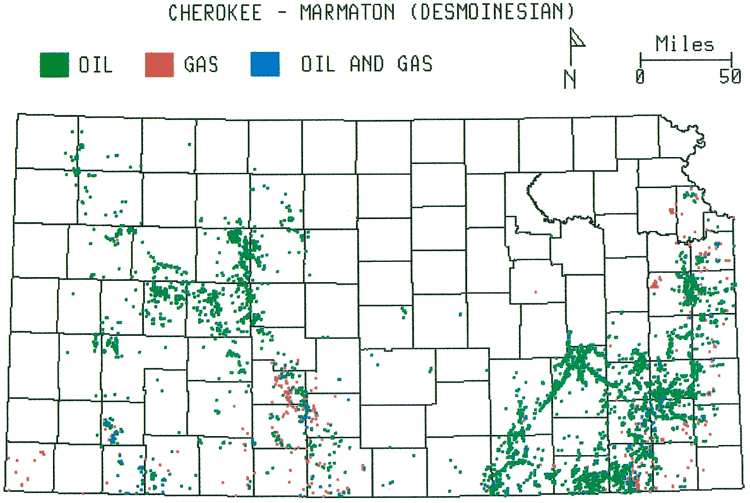 Kansas map; primarily oil (with some gas) in most areas of Kansas, except north-central.