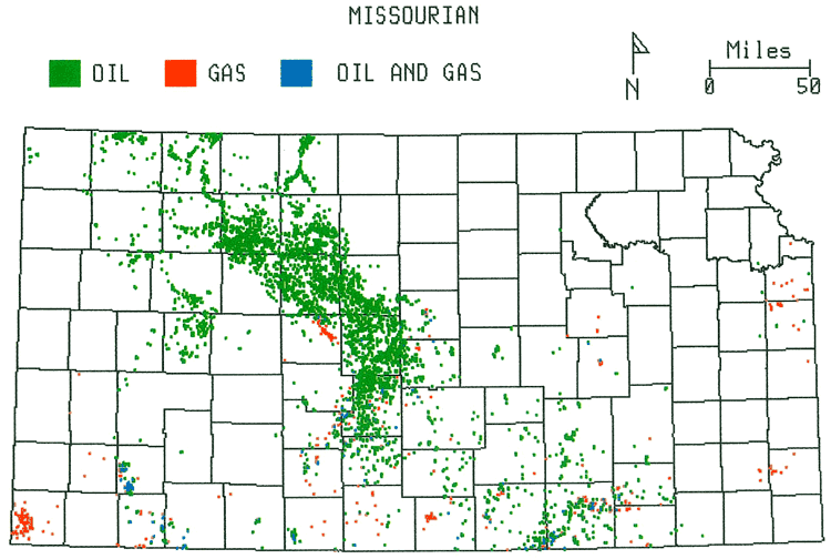 Kansas map; primarily oil (with some gas) in Central Kansas uplift; gas in faw SW and NE Kansas.