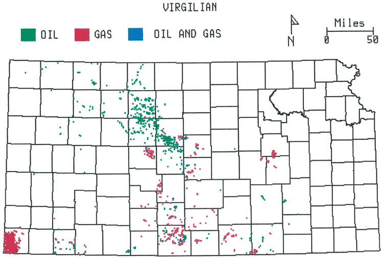 Kansas map; oil fields in northern Central Kansas uplift, gas in far southwest Kansas and southern Central Kansas uplift.