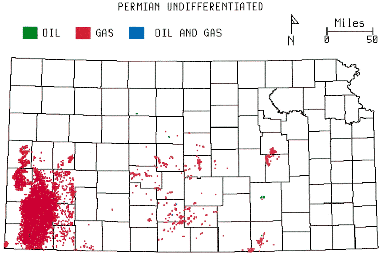 Kansas map; gas fields in southwest Kansas, central Kansas, and east-central Kansas.