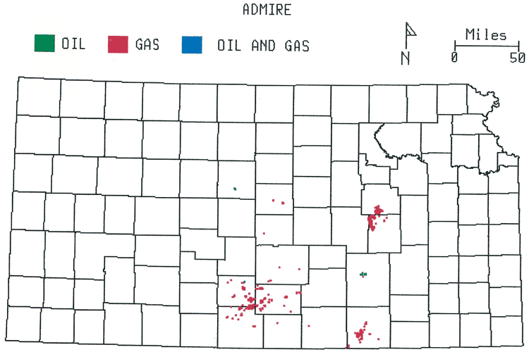 Kansas map; gas fields in south-central and east-central Kansas.