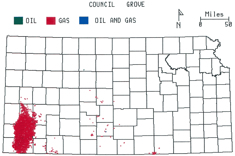 Kansas map; gas fields primarily in south-west Kansas.