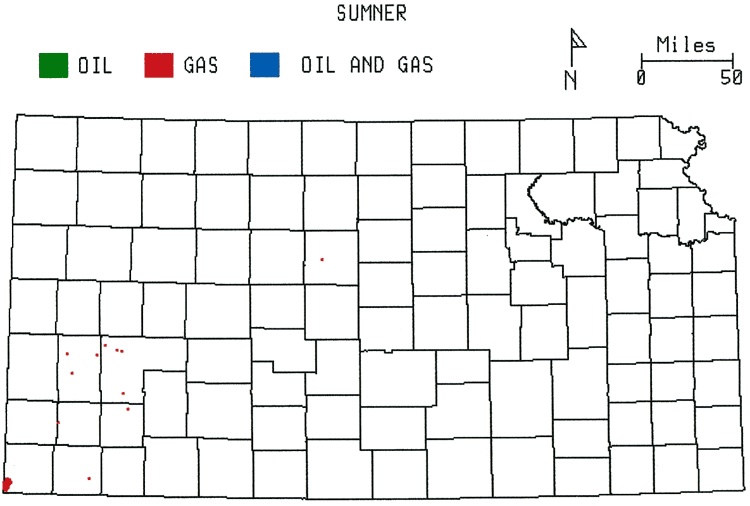 Kansas map; very few gas fields in far south-west Kansas.