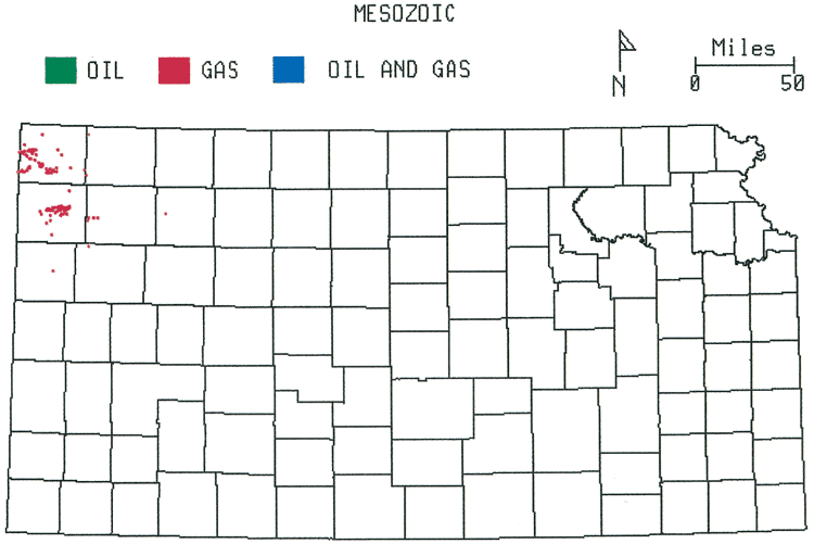 Kansas map; gas fields in Cheyenne, Sherman, and a few other NW Kansas counties.