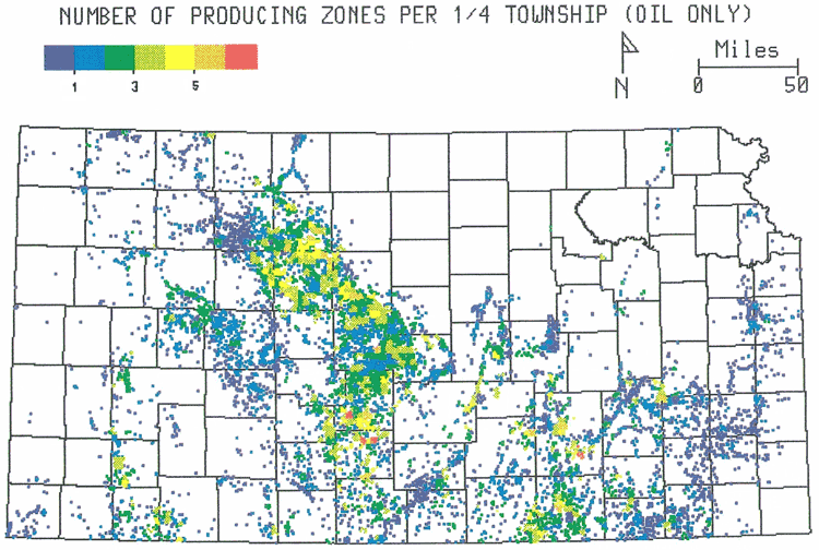 Kansas map; townships with multiple zones are in Central Kansas uplift and south-central Kansas.