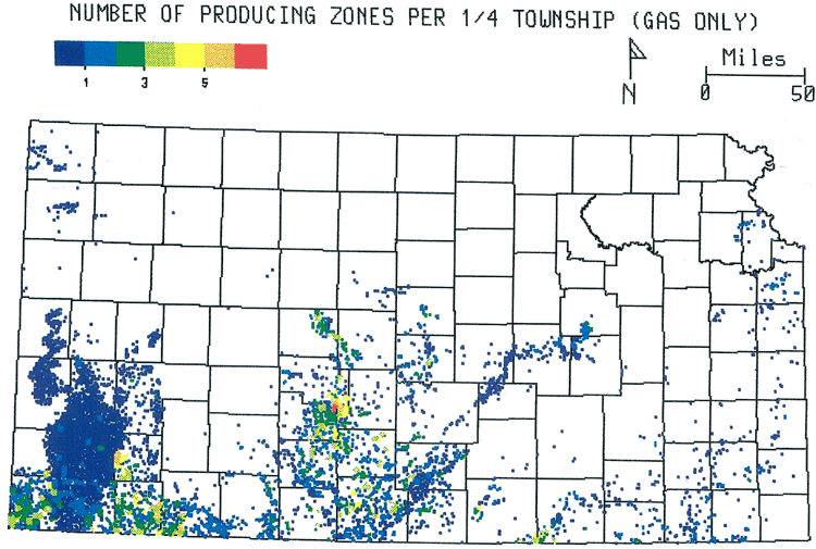 Kansas map; most townships are single zones; a few multiple zones in south-central Kansas.