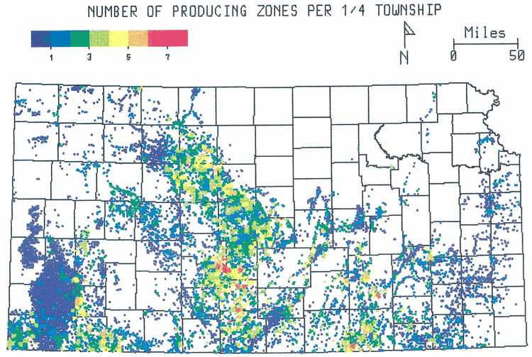 Kansas map; townships with multiple zones are in southern part of Central Kansas uplift and in western part of southeast Kansas.