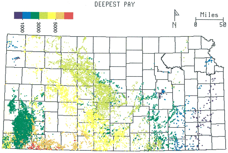From surface, deepest pays are in SW Kansas, shallowest in SE; are additional shallow pays in NW; some mediumn pays in SW near the deepest pays.