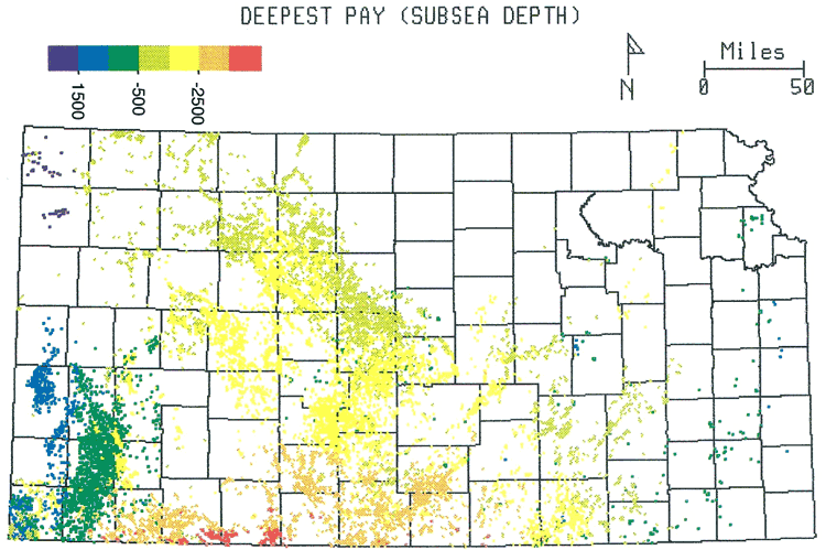 From subsea datum, deepest pays are in SW Kansas, eastern pays move from shallowest to medium; shallowest are in NW counties.