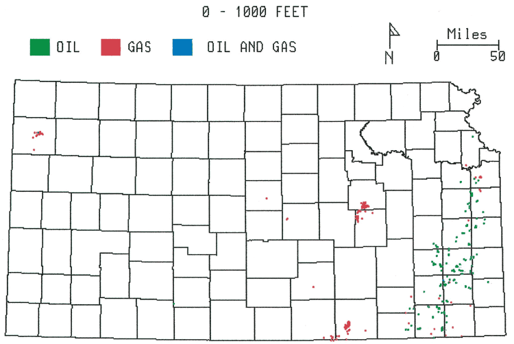 0 to 1000 feet: Gas in Nemaha uplift, Sedgwick basin, and NW Kansas; oil in eastern counties.
