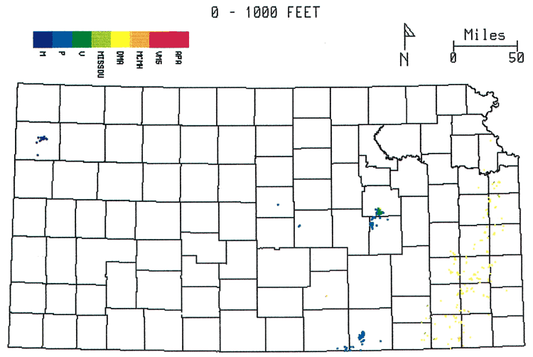 0 to 1000 feet: Niobrara in NW, Permian in Nemaha uplift, Sedgwick basin; Morrow, Atoka, Cherokee, Marmaton in eastern counties.