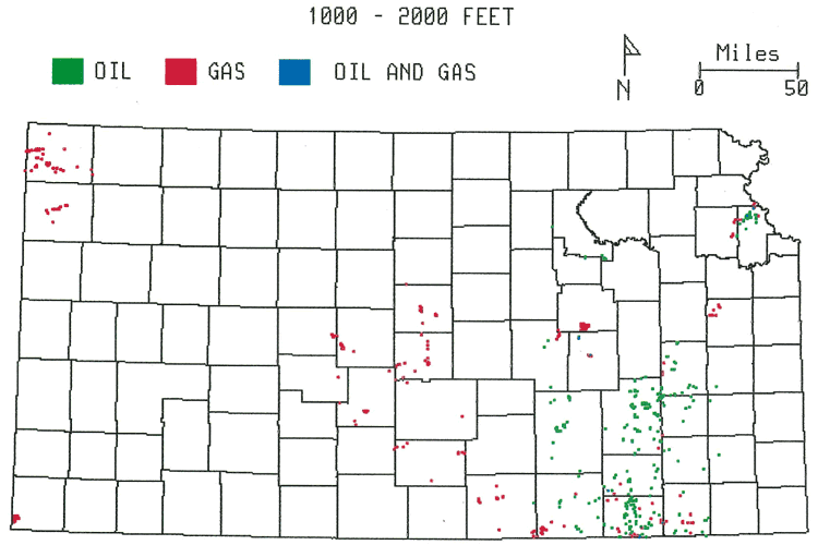 1000 to 2000 feet: Gas in Central Kansas uplift, Sedgwick basin, and NW counties; oil and gas in Nemaha uplift, eastern counties.