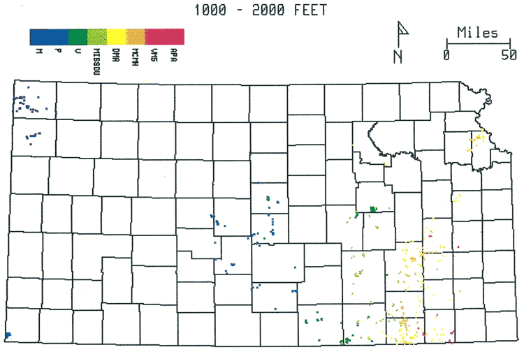 1000 to 2000 feet: Niobrara in NW, Permian in Nemaha uplift; Viola in Sedgwick basin; Several zones in eastern counties.