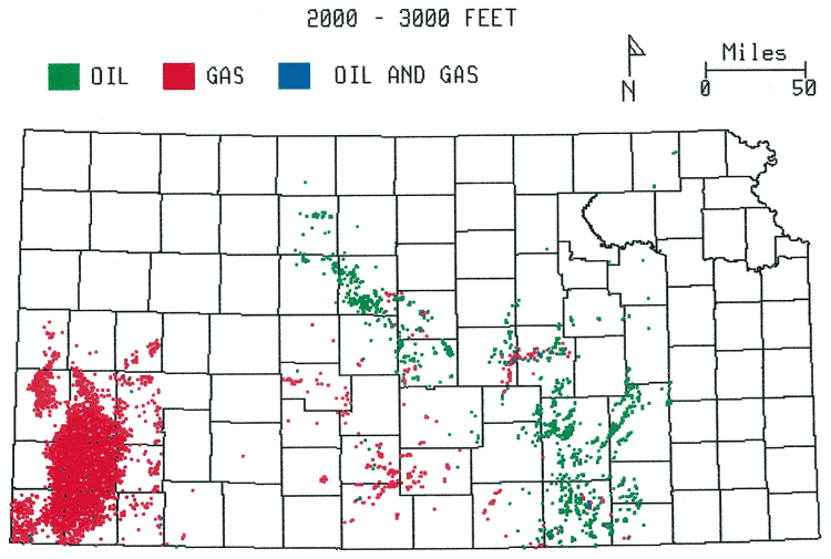2000 to 3000 feet: Gas in SW and Pratt anticline; oil in Central Kansas uplift uplift, Sedgwick basin, eastern counties.