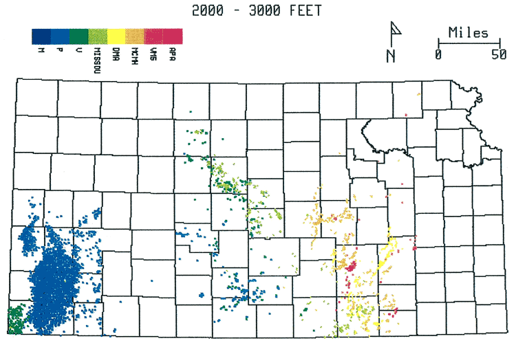 2000 to 3000 feet: Permian in SW and Pratt anticline; Douglas, Shawnee, Wabaunsee in SW; Several zones in eastern counties and Sedgwick basin; Pleasanton, Lansing, Kansas City in Central Kansas uplift.