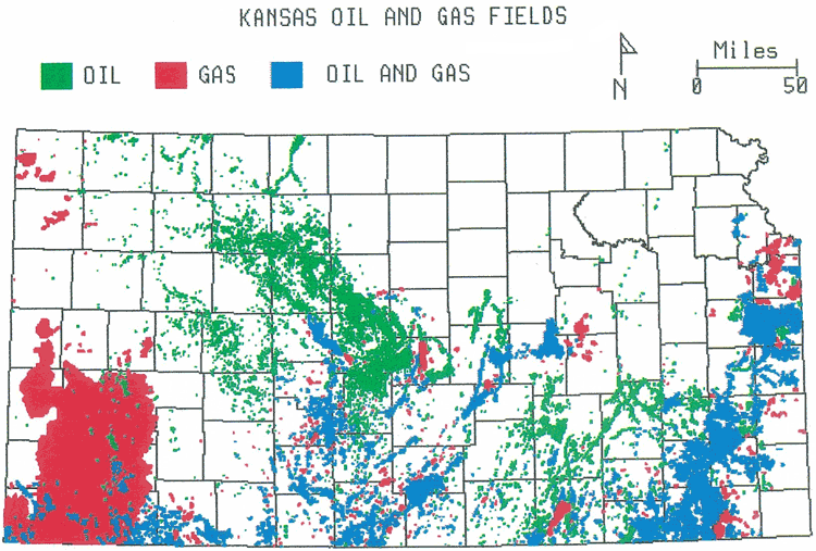 Kansas map; oil and gas fields distributed throughout the state, except for the Salina Basin.
