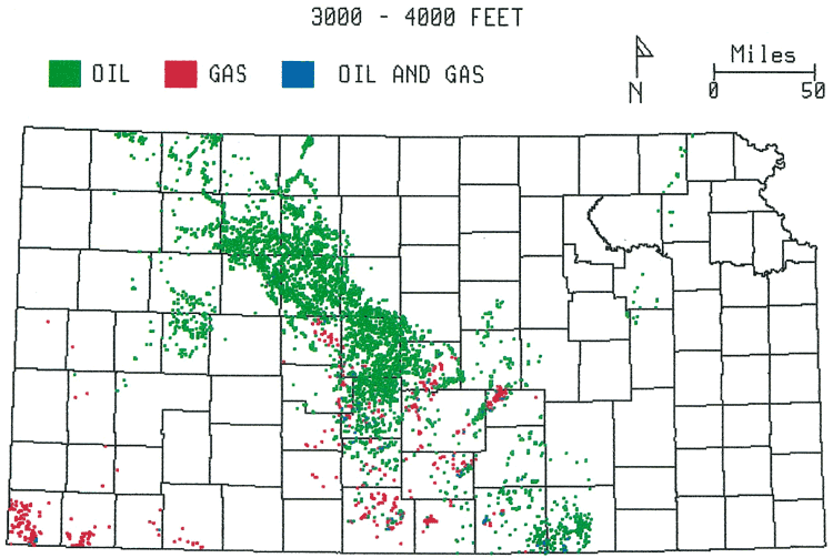 3000 to 4000 feet: Gas in far SW and Pratt anticline; oil in Central Kansas uplift, Sedgwick basin.