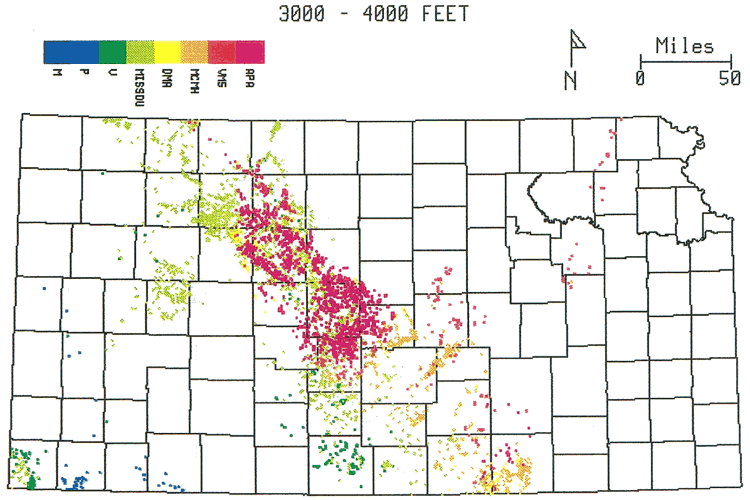 3000 to 4000 feet: Arbuckle, sub-Arbuckle, Pleasanton, Lansing, Kansas City in Central Kansas uplift.