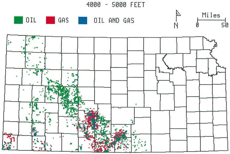 4000 to 5000 feet: Gas in far SW and southern part of Central Kansas Uplift; oil in Central Kansas uplift, SW counties.