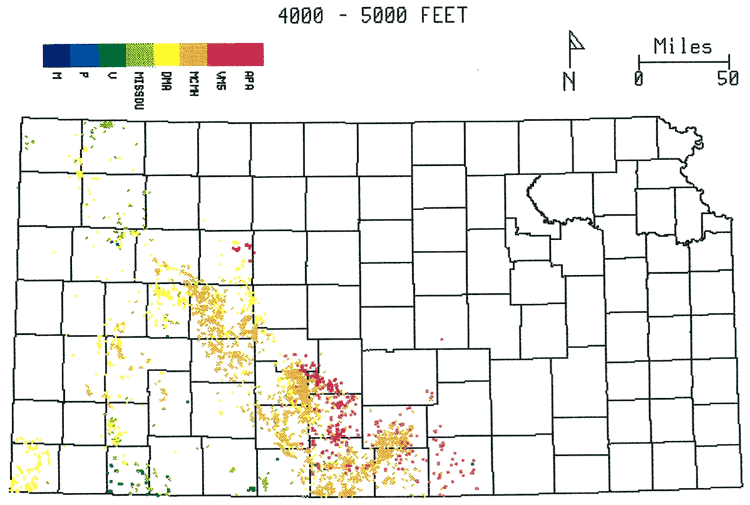 4000 to 5000 feet: Silurian-Devonian limestones, Misener, Chattanooga, Mississippian limestones in Central Kansas uplift; Morrow, Atoka, Cherokee, Marmaton in SW counties.