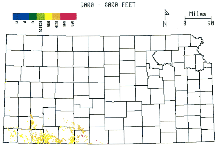 5000 to 6000 feet: Silurian-Devonian limestones, Misener, Chattanooga, Mississippian limestones, Morrow, Atoka, Cherokee, Marmaton in Southwest Kansas.