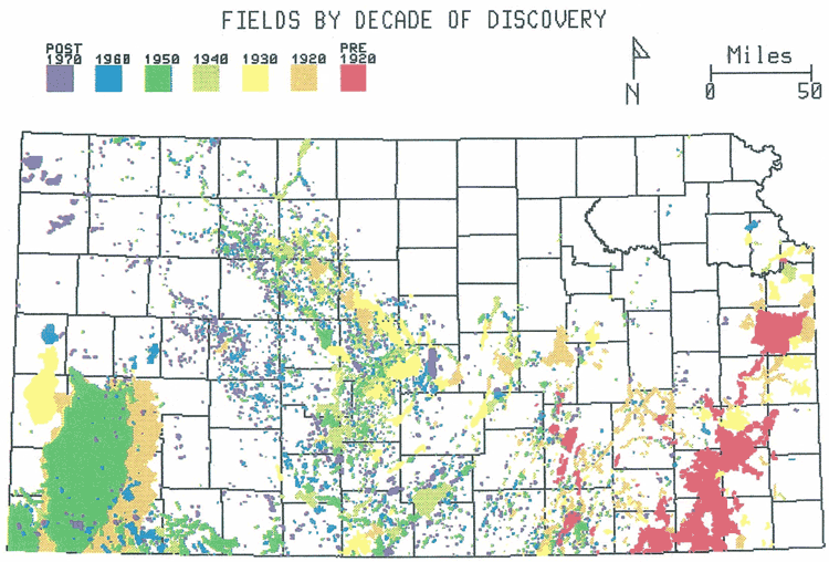 Kansas map; early fields discovered in eastern Kansas; central Kansas fields in 1930s and 1940s; recent field discoveries might be in any part of the state.