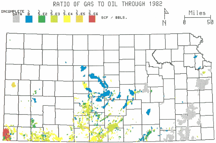 Kansas map; more gaseous fields in SW, less gaseous in Central Kansas uplift.