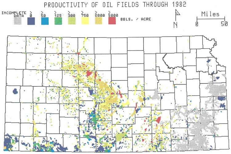 Kansas map; higher productivities along Central Kansas uplift; low values in far southwest, south-central, and far east.