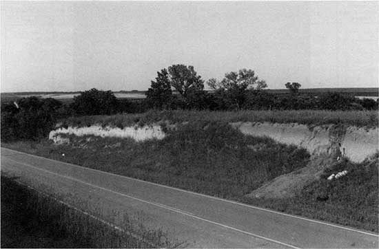 Black and white photo of Peoria loess, Brady soil, and Bignell Loess in roadcut.
