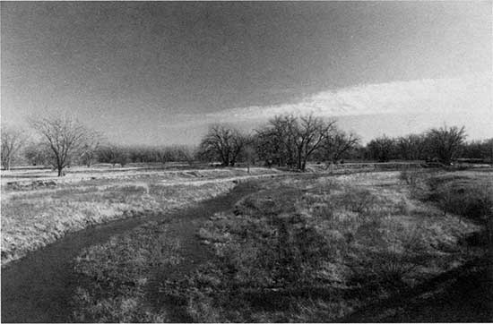 Black and white photo of floodplain and terrace landscape, North Fork Solomon River.